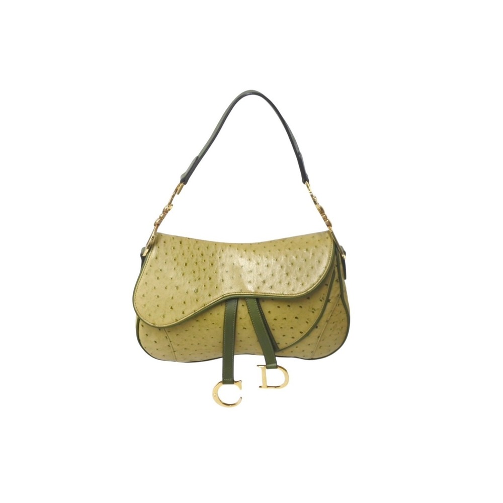 Christian Dior Double Saddle Bag Lime Green Ostrich Leather Hardware